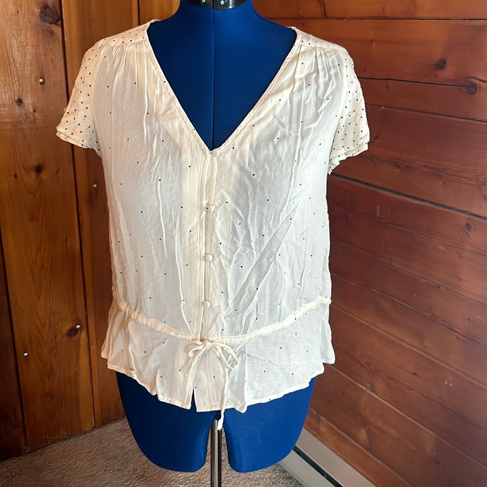 Lucky Brand Cream and Black Polka Dot Peplum Shirt Size M